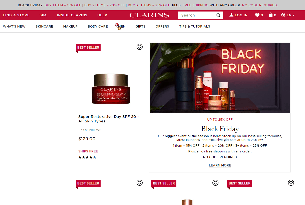 Clarins折扣码2026 娇韵诗美国官网黑五全场护肤最高享额外75折促销美国免邮