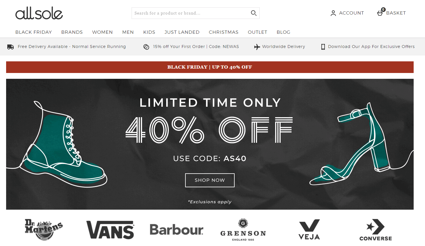 Allsole优惠码2026 ALLSOLE现有Vans/Converse/Timberland/Dr. Martens等精选鞋款6折促销￥335收Vans经典高帮sk8