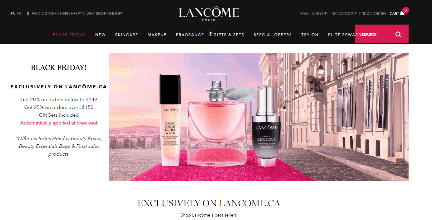 Lancome折扣码2026 兰蔻加拿大官网黑五预热全场彩妆护肤最高享75折黑五套装叠加额外满赠