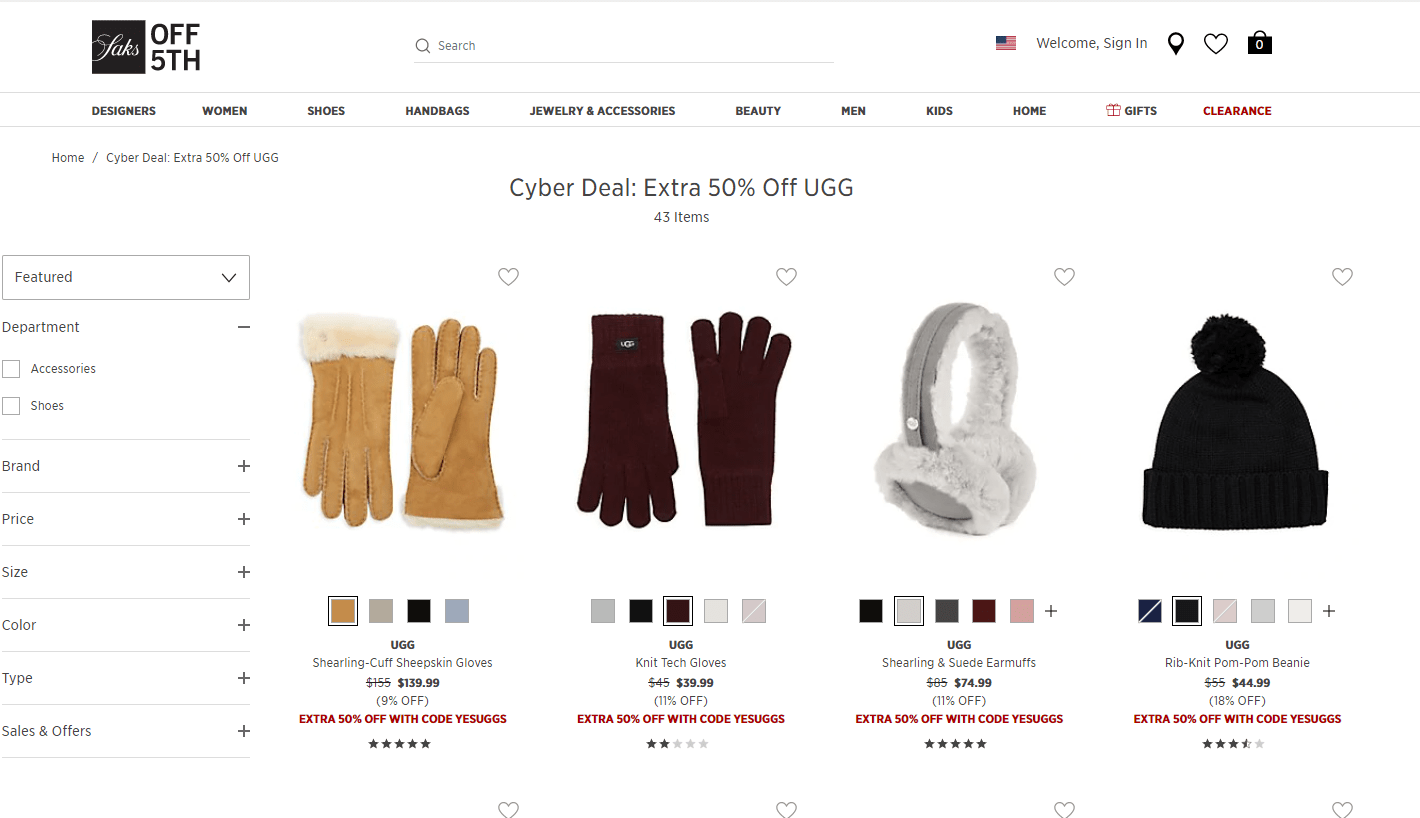Saks Off 5th优惠码2026 saksoff5th现有精选UGG额外5折促销满额免邮