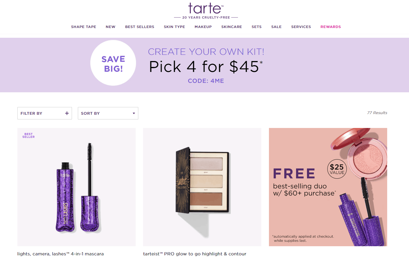 Tarte折扣码2026 tartecosmetics美国官网精选美妆4件促销满额免邮