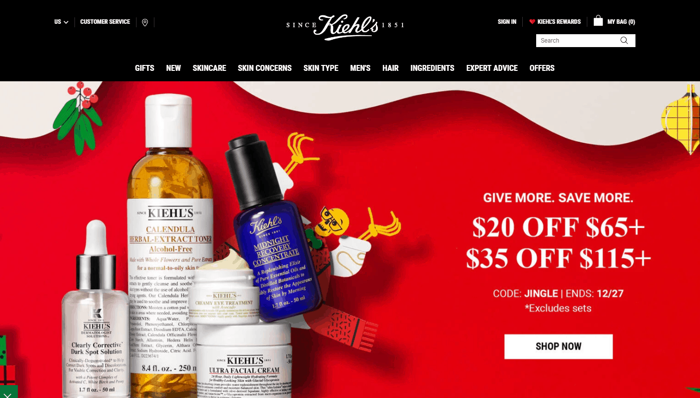 Kiehl’s折扣码2026 科颜氏美国官网全场护肤最高满5减促销美国免邮