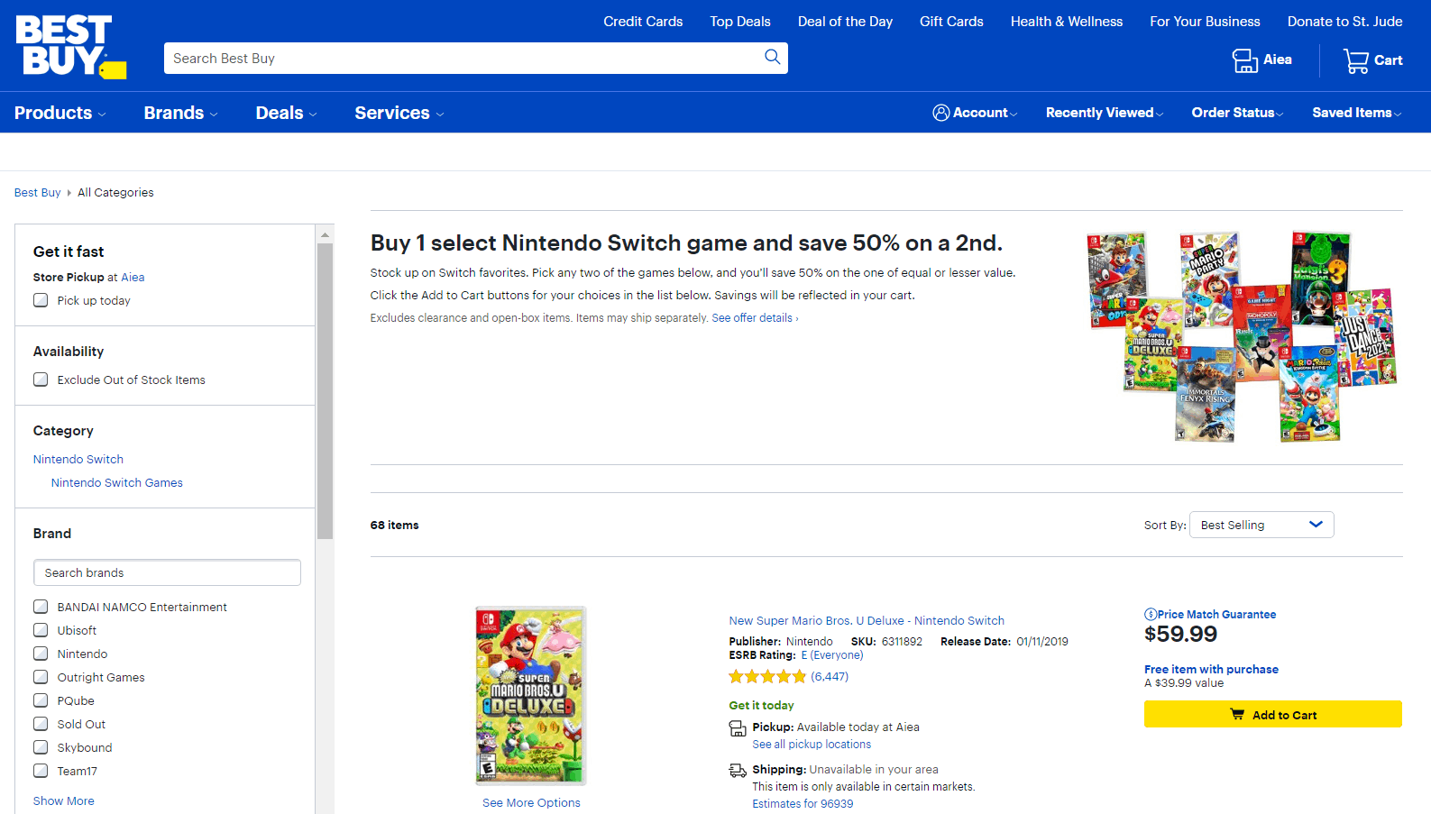 Best Buy折扣码2026 百思买精选Switch大作游戏买一件第二件5折促销满美国免邮
