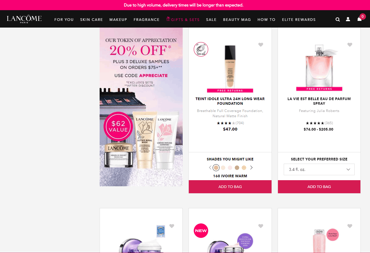 Lancome优惠码2026 兰蔻美国官网全场8折+满送护肤3件套