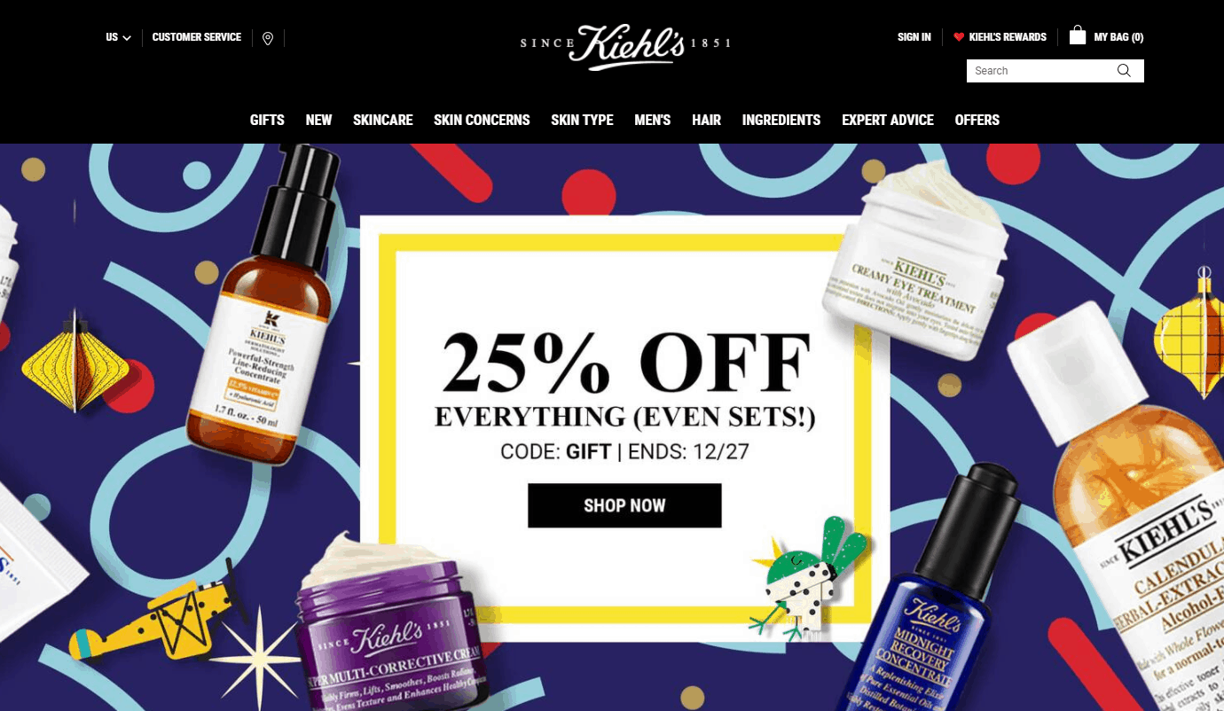 Kiehl’s优惠码2026 科颜氏官网圣诞节全场护肤无门槛75折促销套装也参加