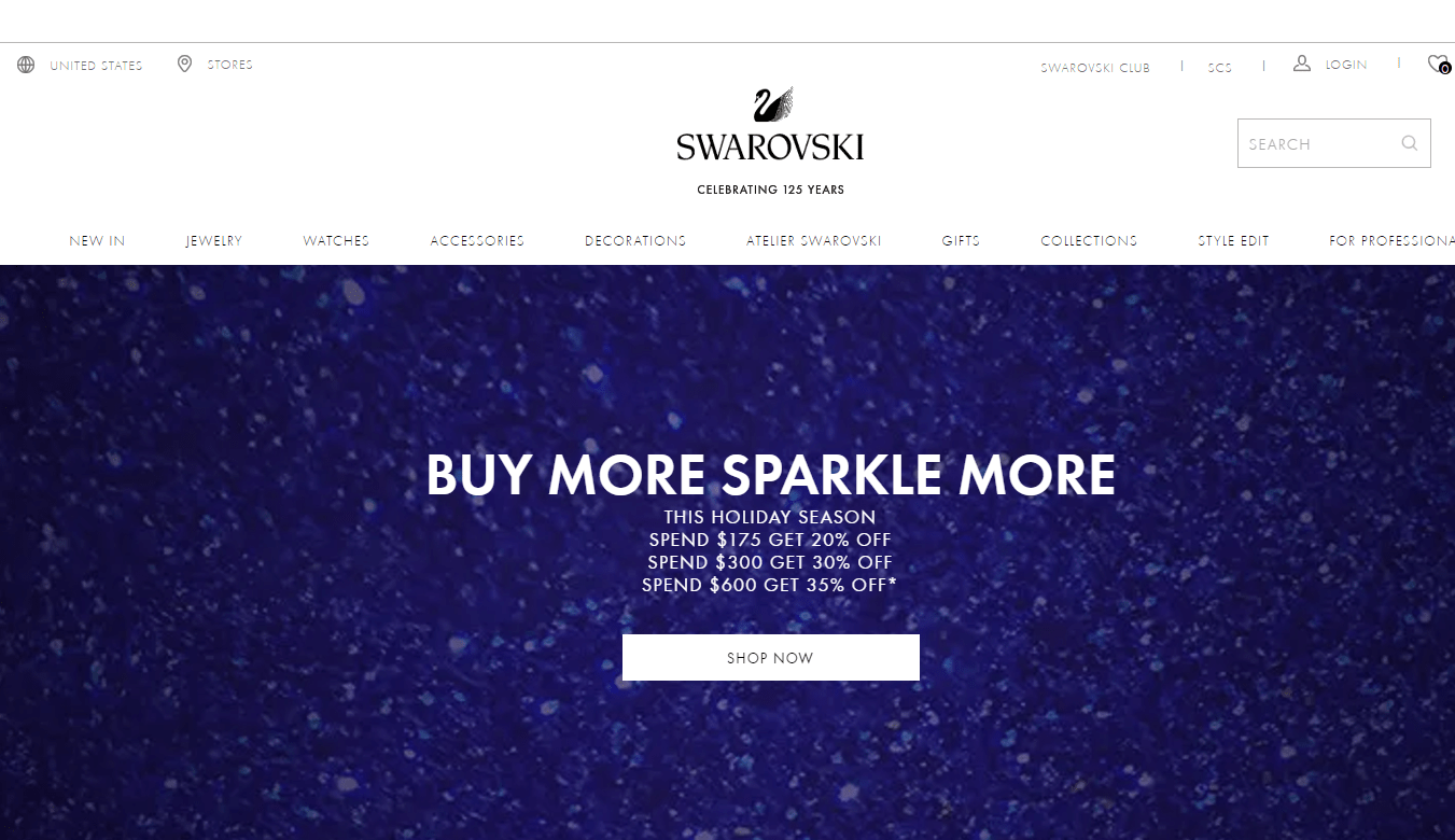 Swarovski折扣码2026 施华洛世奇美国官网现有全场首饰配饰最高满额65折促销满额免邮