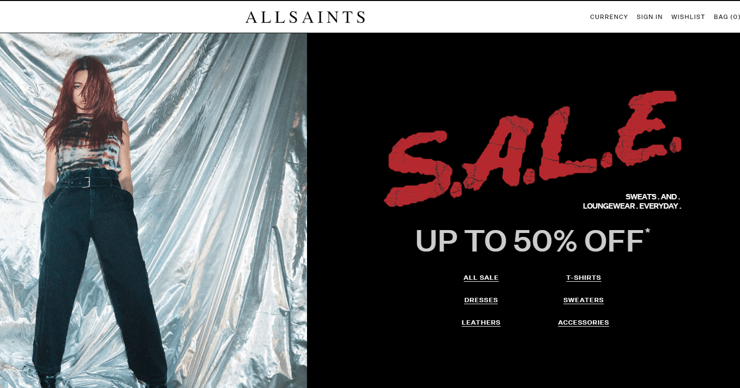 AllSaints折扣码2026 allsaints美国官网精选商品低至5折+额外8折促销满额免邮