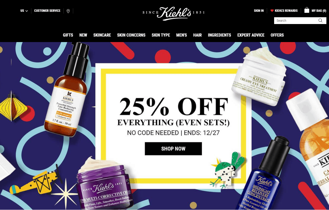 Kiehl’s优惠码2026 科颜氏美国官网圣诞节全场护肤无门槛75折叠加满减单品好价