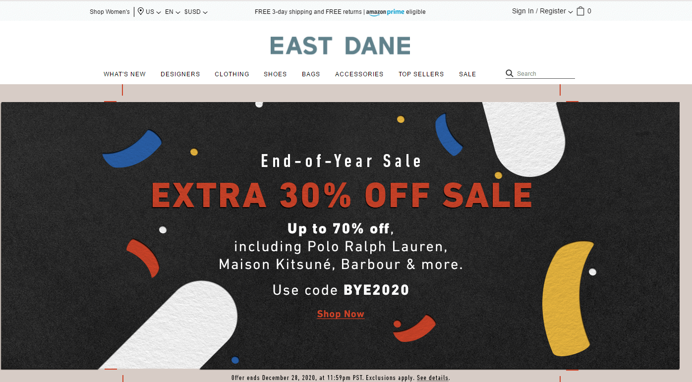 East Dane优惠码2026 烧包网旗下Eastdane年终大促精选商品低至3折+额外7折促销可直邮