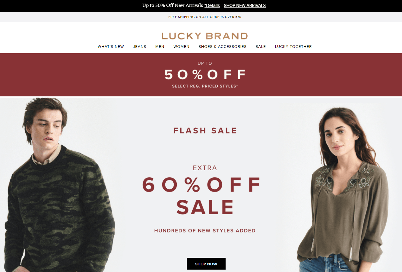 Lucky Brand折扣码2026 luckybrand精选商品低至5折+折扣区额外4折促销满额免邮
