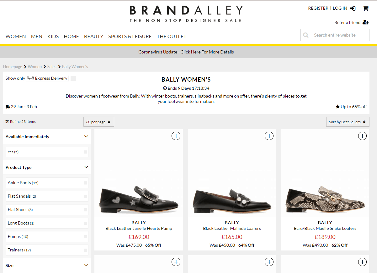 BrandAlley优惠码2026 Brandalley现有bally精选鞋款低至65折促销还可叠加满额立减£15