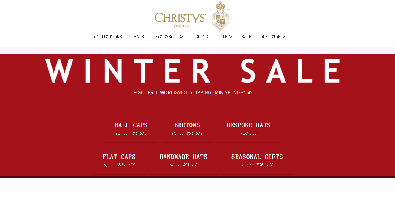 Christys折扣码2026 christys-hats英国官网现有精选商品低至5折促销满额免邮