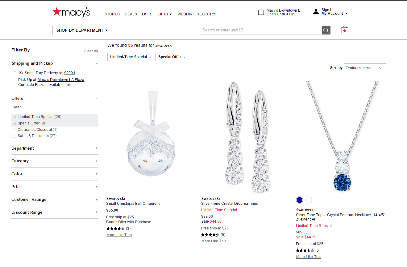 Macys折扣码2026 梅西百货有精选Swarovski施华洛世奇饰品低至5折促销满额最高送礼卡