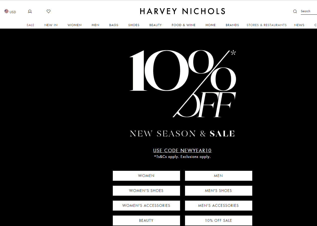 Harvey Nichols优惠码2026 harveynichols百货英国官网时尚美妆类精选商品无门槛9折促销折扣区也参加