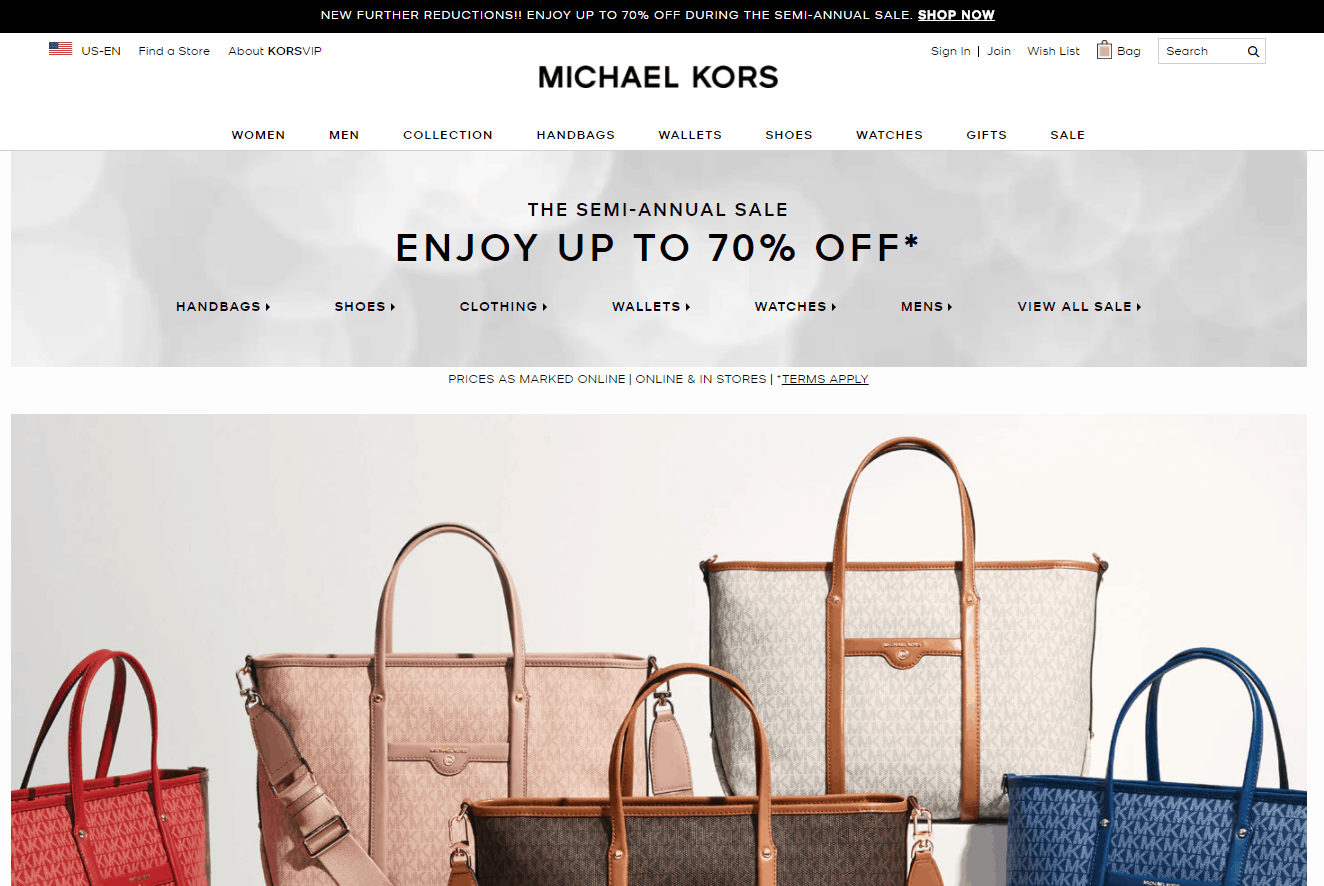 Michael Kors折扣码2026 michaelkors美国官网折扣区低至3折促销多款史低价