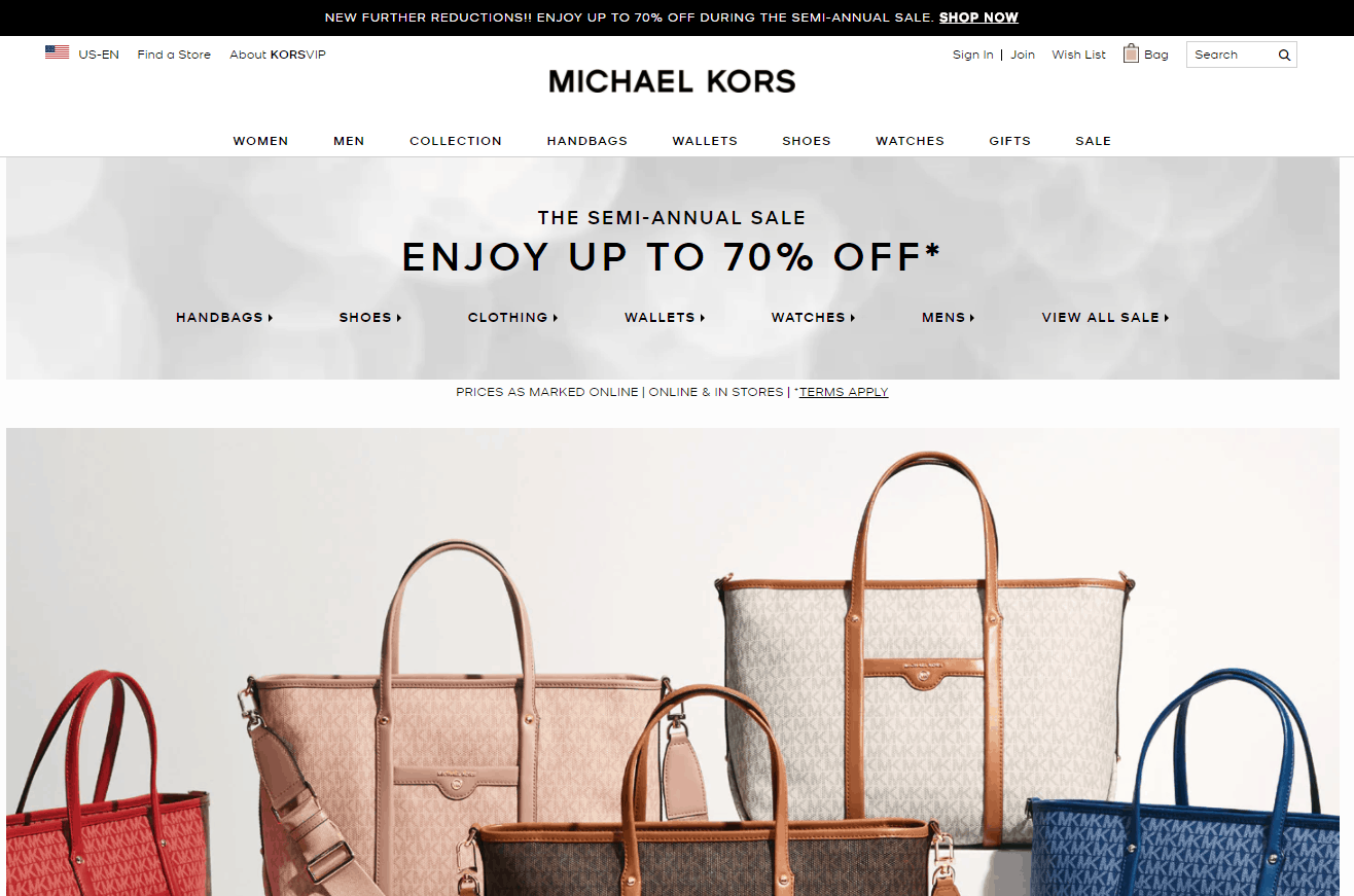 Michael Kors美国官网优惠码2026 michaelkors折扣区低至3折促销多款史低价
