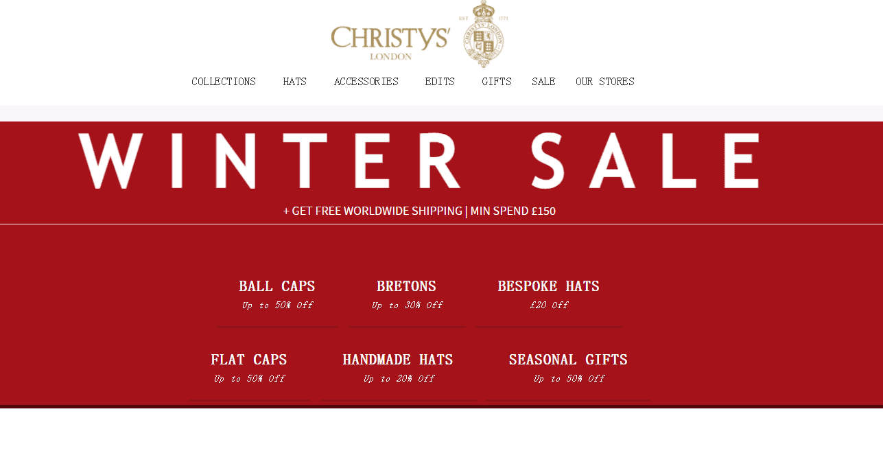 Christys优惠码2026 christys-hats英国官网现有精选商品低至5折促销满额免邮