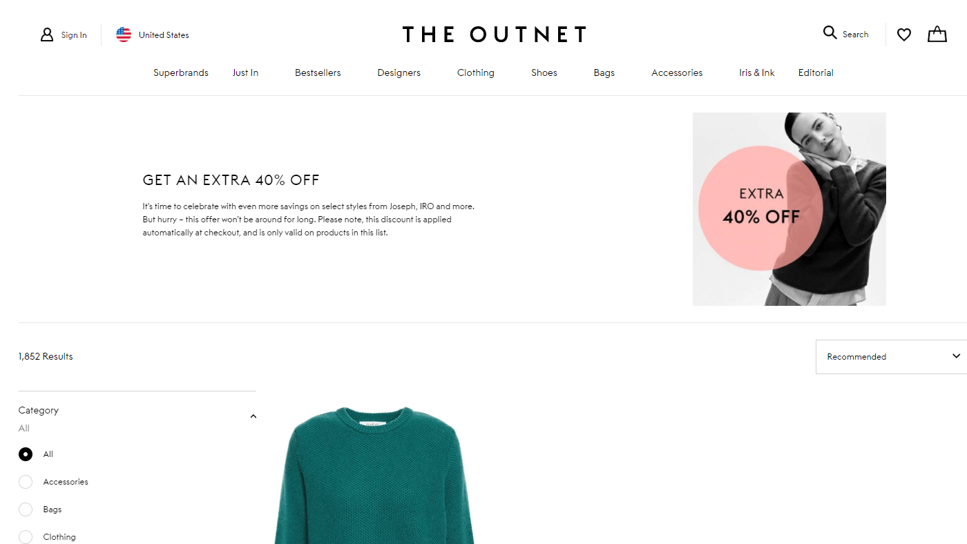 The Outnet优惠码2026 theoutnet美国官网精选折扣区商品低至4折+额外6折促销满额免邮