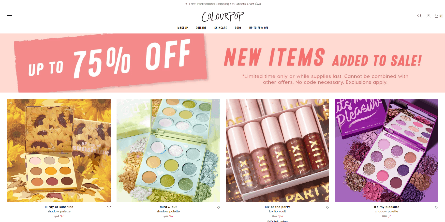 Colourpop折扣码2026 卡拉泡泡美国官网精选彩妆低至2.5折促销18色眼影盘仅.5