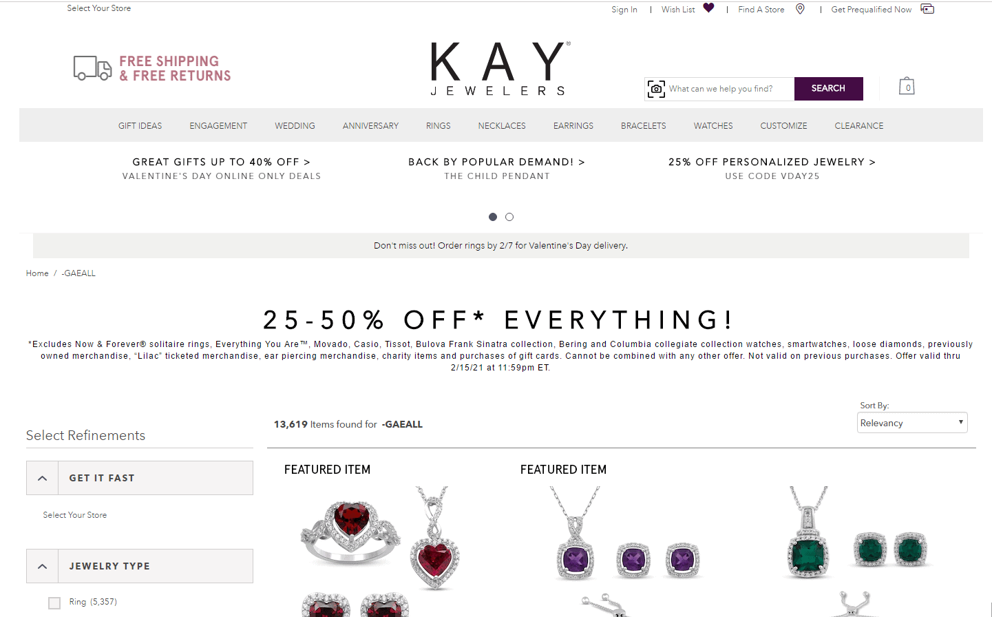 Kay Jewelers折扣码2026 kay美国官网现有情人节大促精选商品低至5折促销，满额免邮