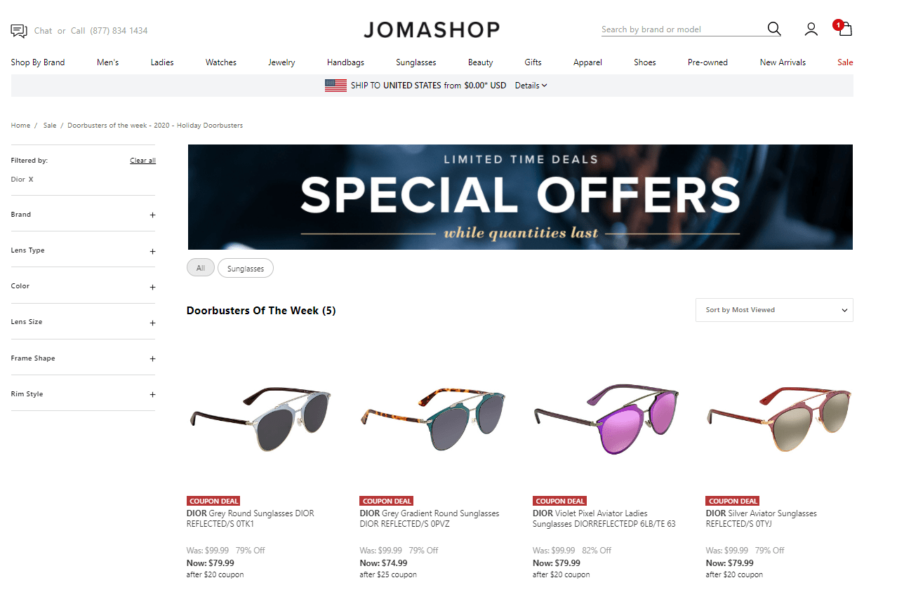 Jomashop折扣码2026 jomashop美国官网现有精选Dior墨镜促销低至.99