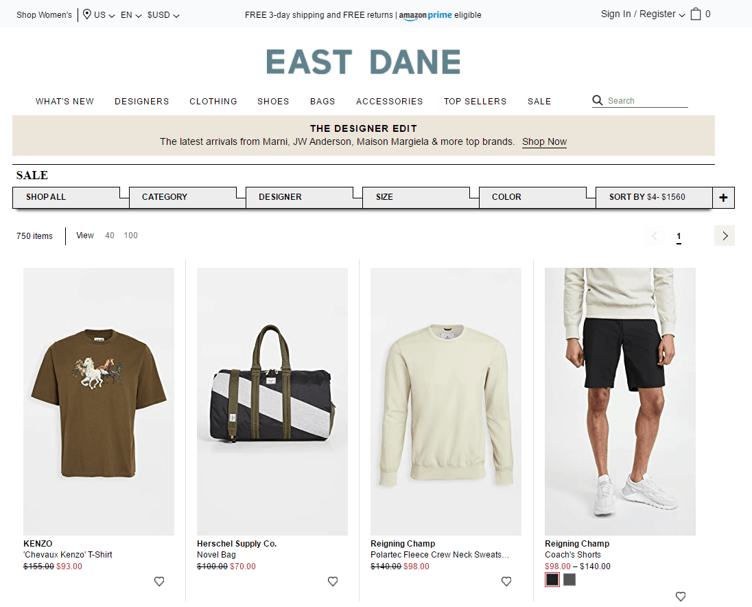 East Dane折扣码2026 烧包网旗下eastdane年终大促精选商品低至3折促销可直邮