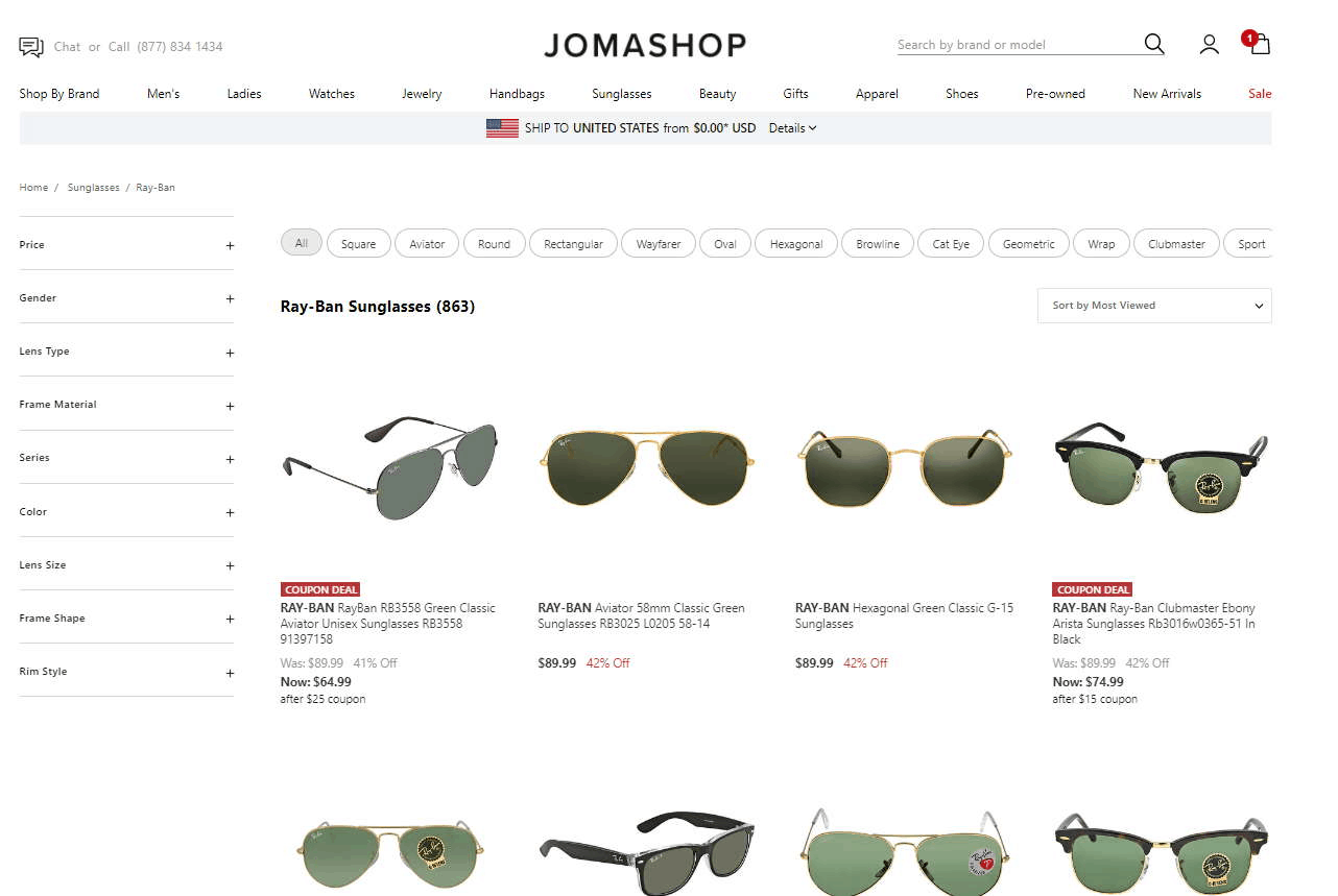 Jomashop优惠码2026 jomashop美国官网现有精选Ray-Ban墨镜低至4折促销部分叠加额外折扣