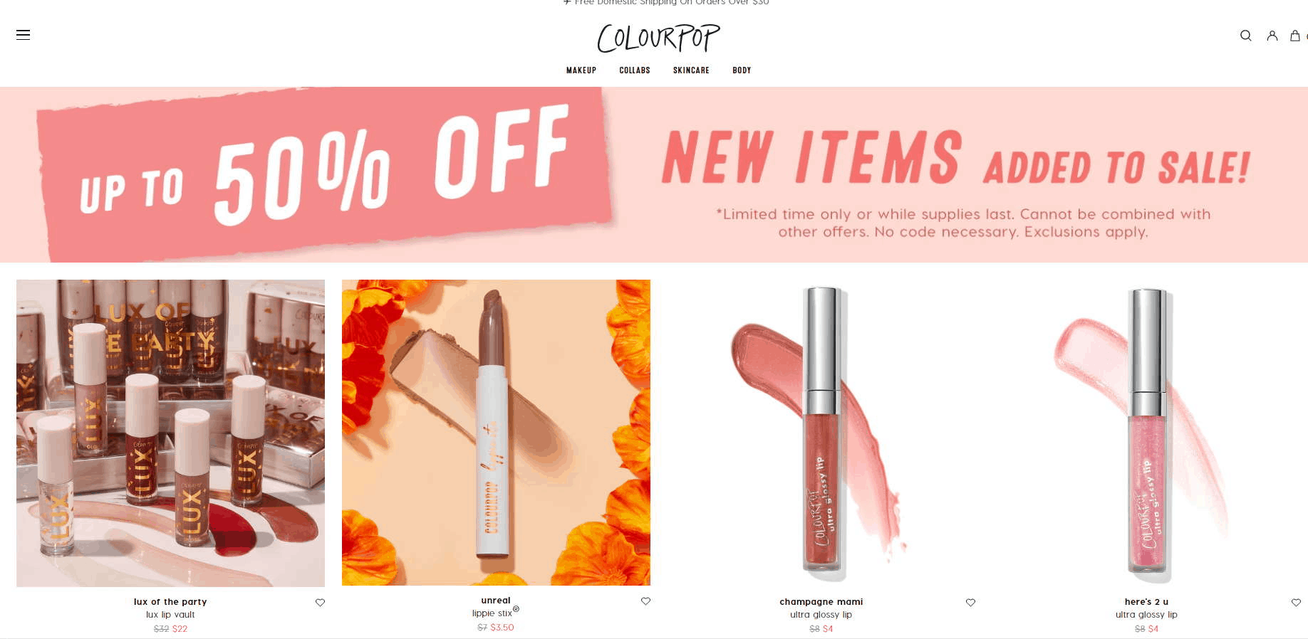 Colourpop优惠码2026 卡拉泡泡美国官网精选专区彩妆直接5折促销眼影盘、唇膏笔好价