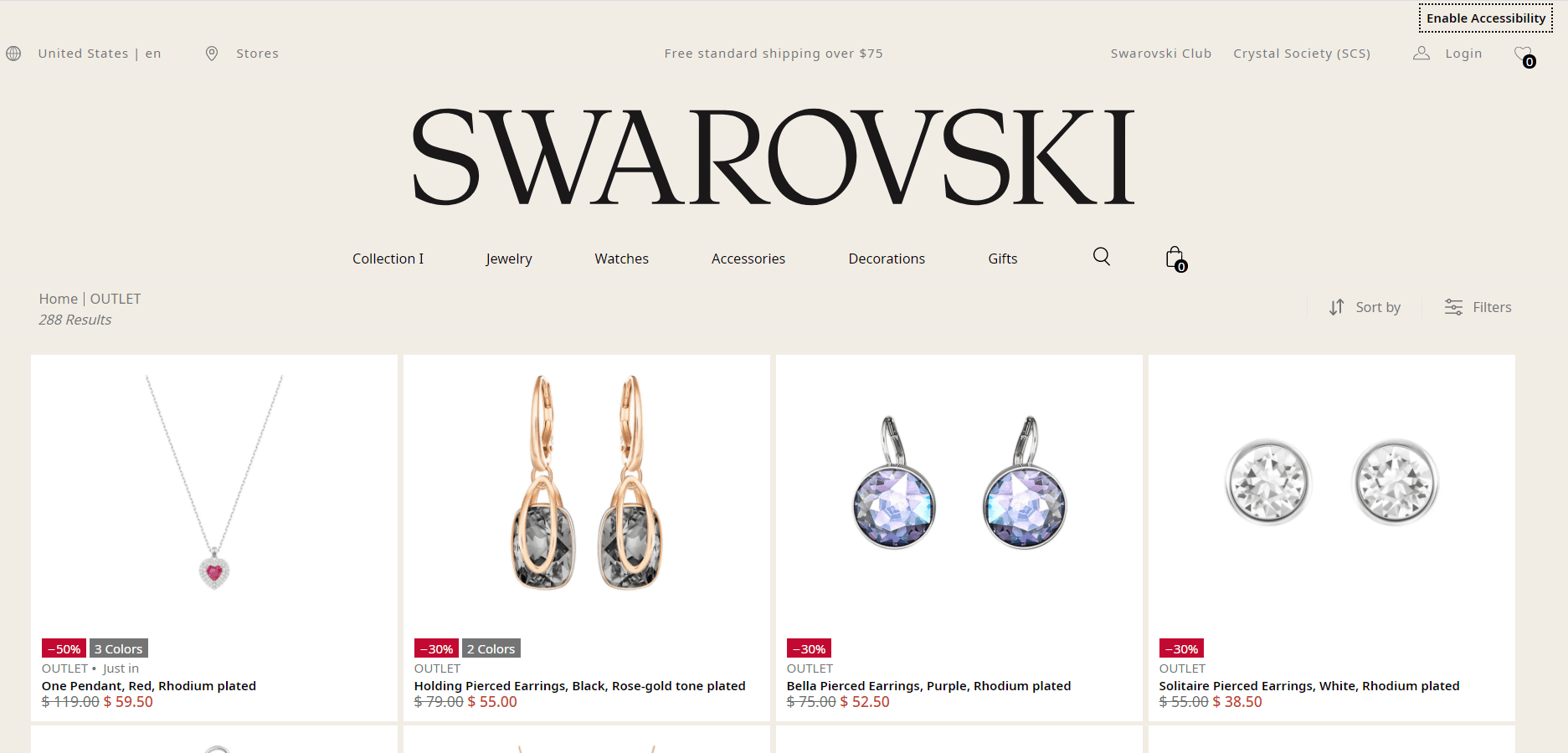 Swarovski优惠码2026 施华洛世奇美国官网outlet区精选饰品低至5折促销