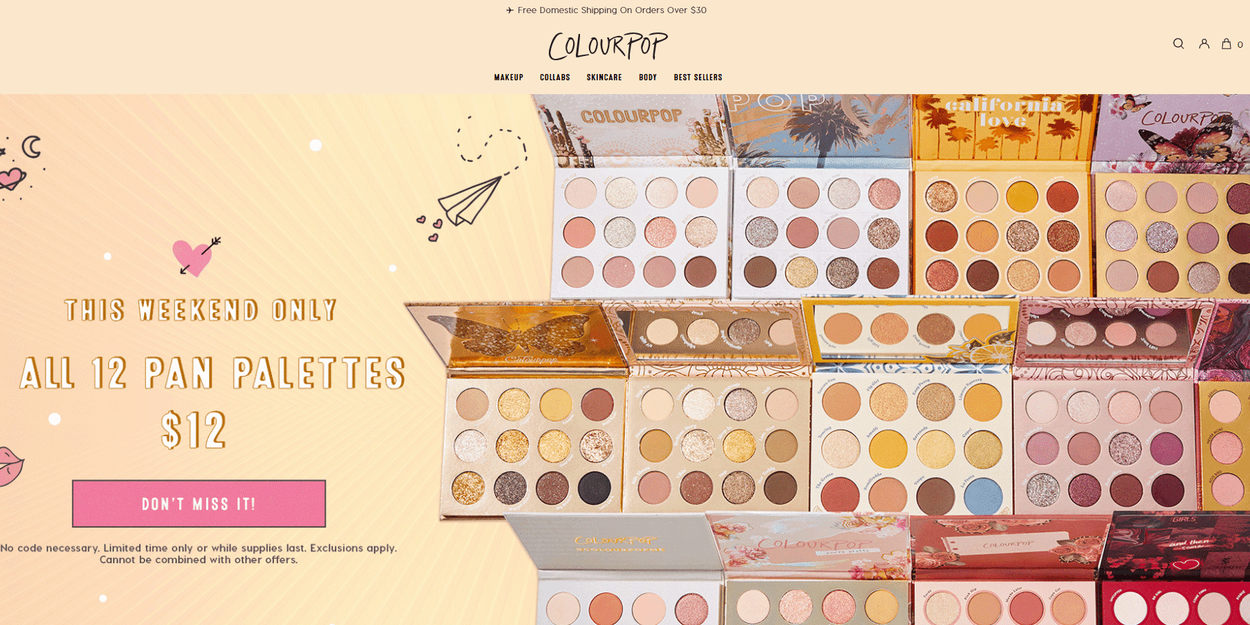 Colourpop优惠码2026 卡拉泡泡美国官网12色眼影盘一律促销