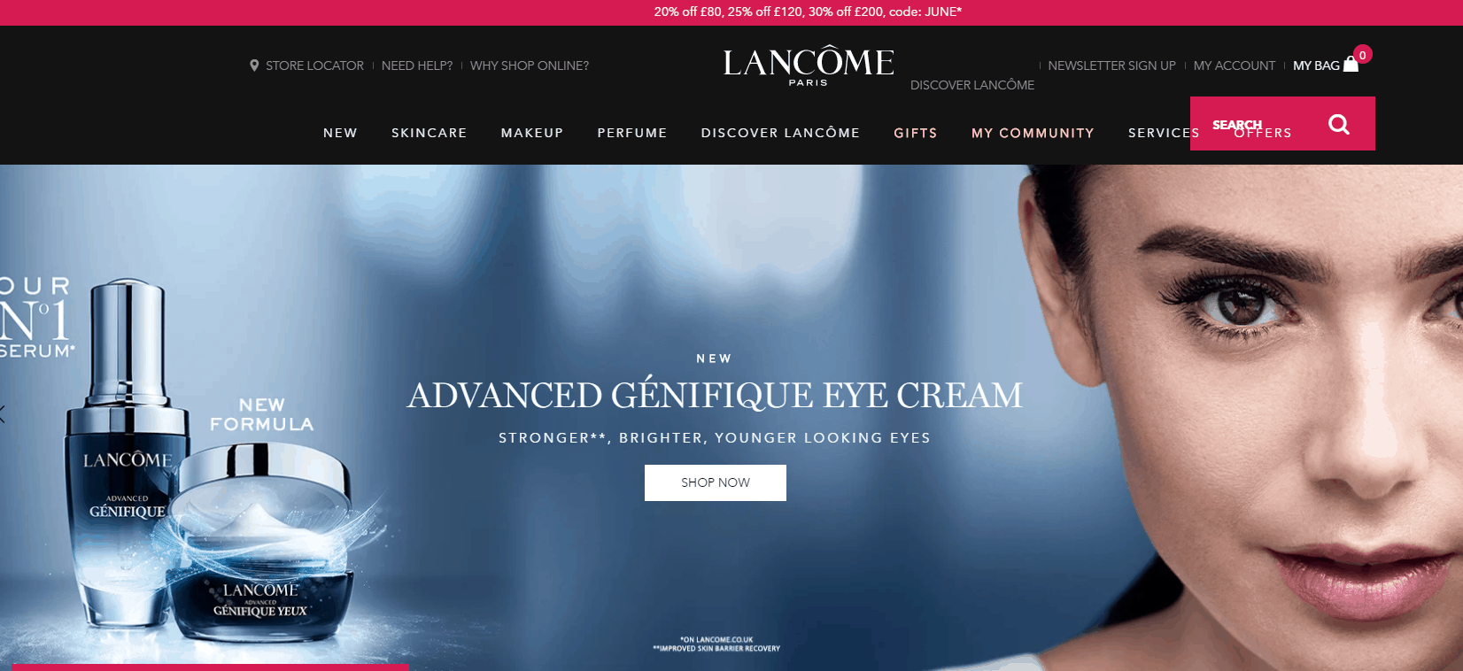 Lancome优惠码2026 兰蔻英国官网精选护肤最高满£200享7折促销英境免邮