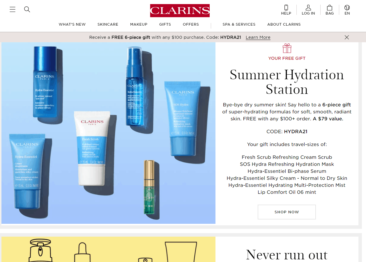 Clarins折扣码2026 娇韵诗美国官网满0送自选6件套
