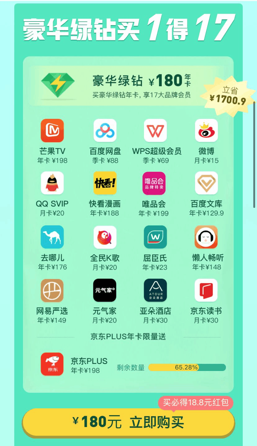 qq音乐联合会员活动2021-qq音乐豪华绿钻联合会员,买1得17,京东PLUS/唯品会/百度网盘…-图片2