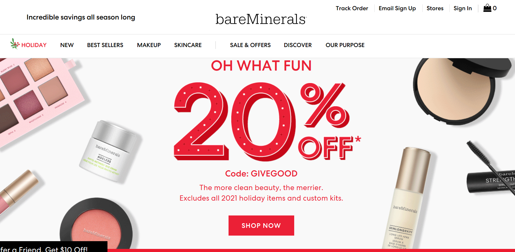 Bare Minerals优惠码2026 贝茗美国官网全场美妆无门槛8折促销美境免邮
